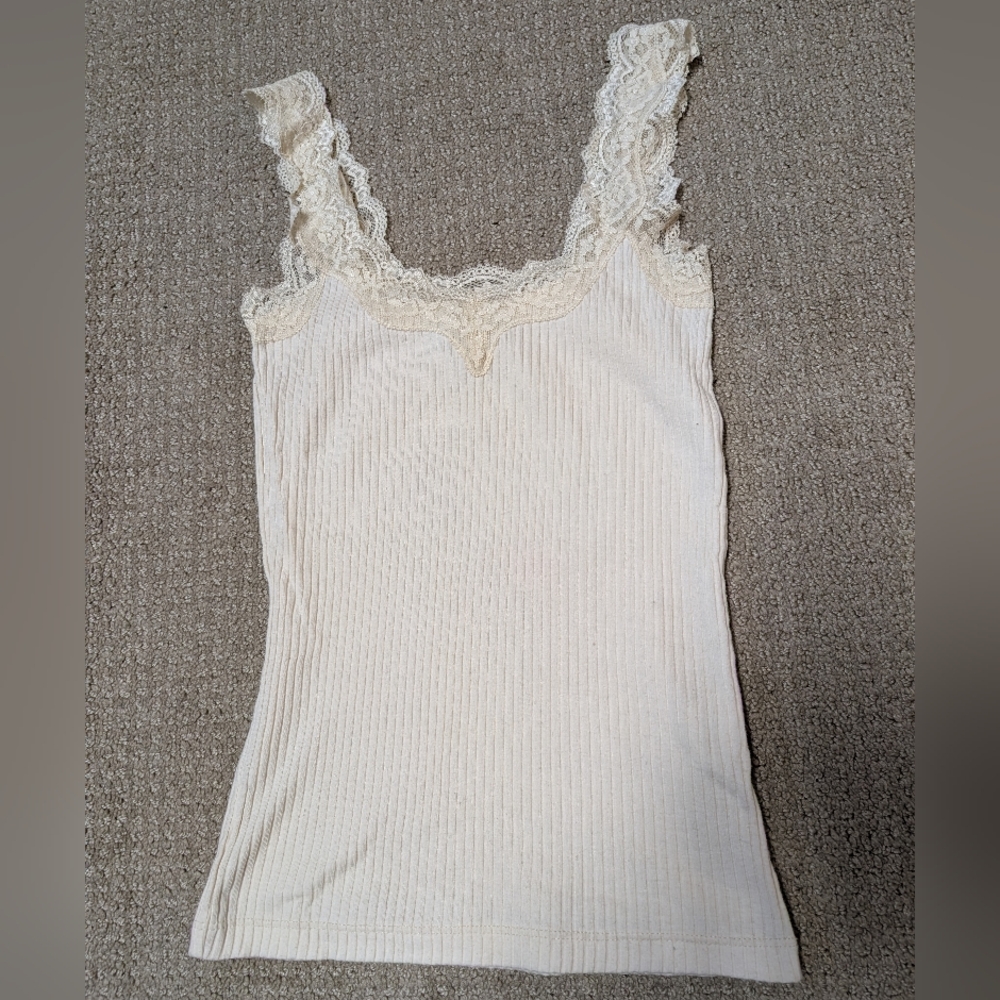 J Crew Womens Cream Lace Trim Rib Cami Tank XXS Stretch Elena Y2K Inspired